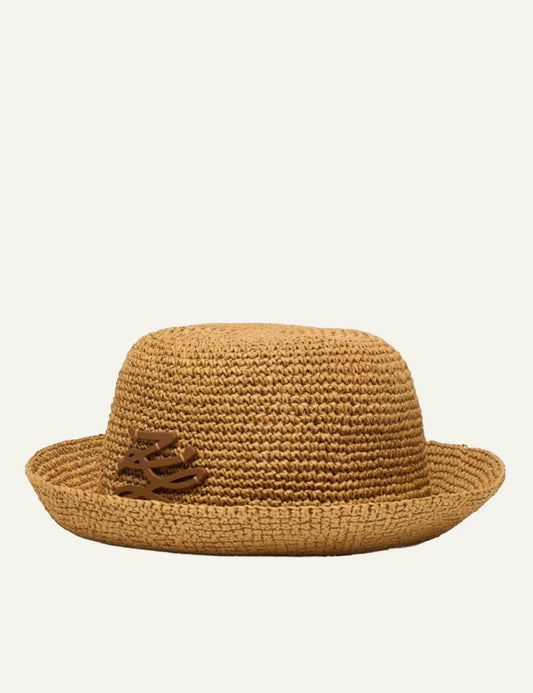 Karl Lagerfeld crochet bucket hat beige short brim logo side view