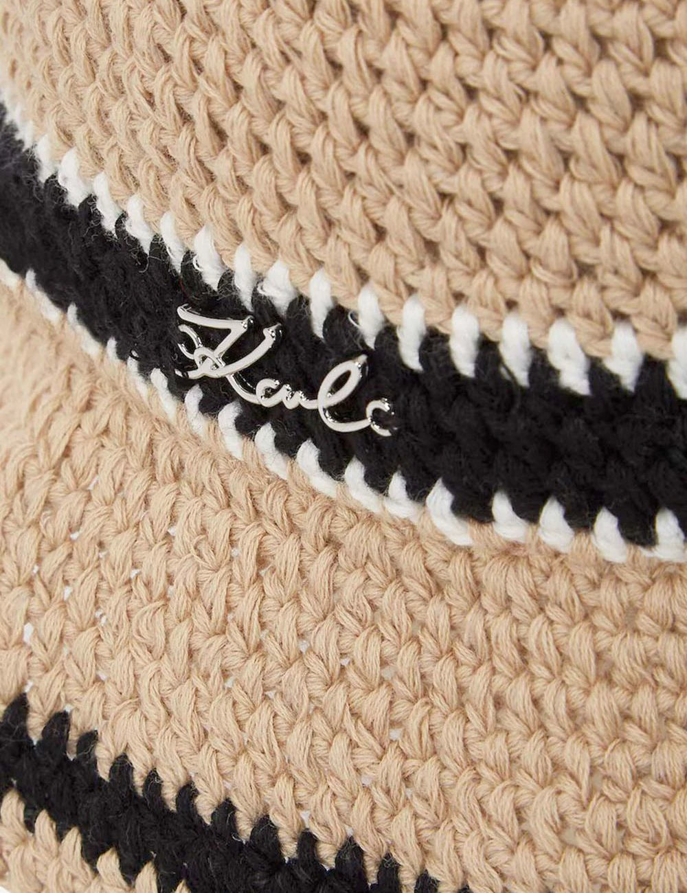 Karl Lagerfeld crochet bucket hat beige stripe detail Karl logo front detail view