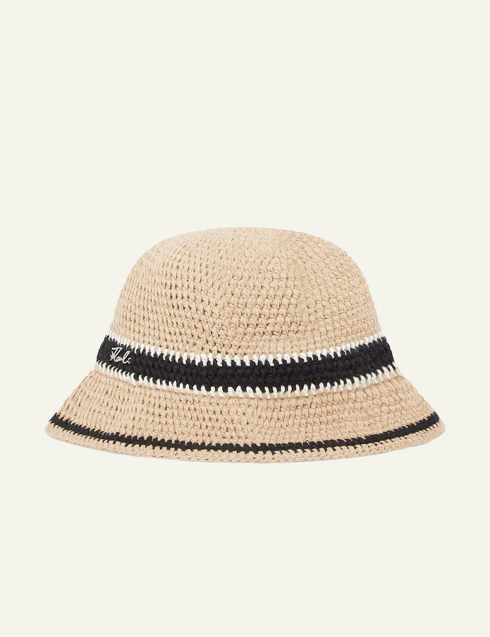Karl Lagerfeld crochet bucket hat beige stripe detail Karl logo front view