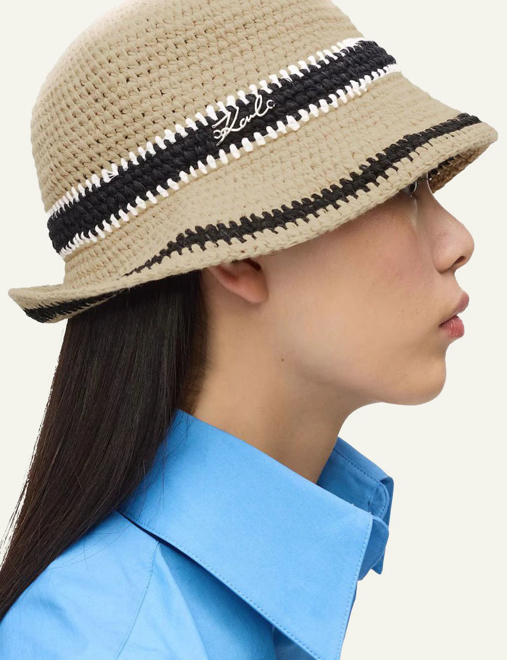 Karl Lagerfeld crochet bucket hat beige stripe detail Karl logo model view