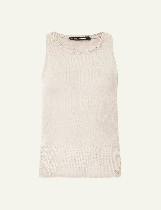 Karl Lagerfeld crochet knit top beige sleeveless front flat view