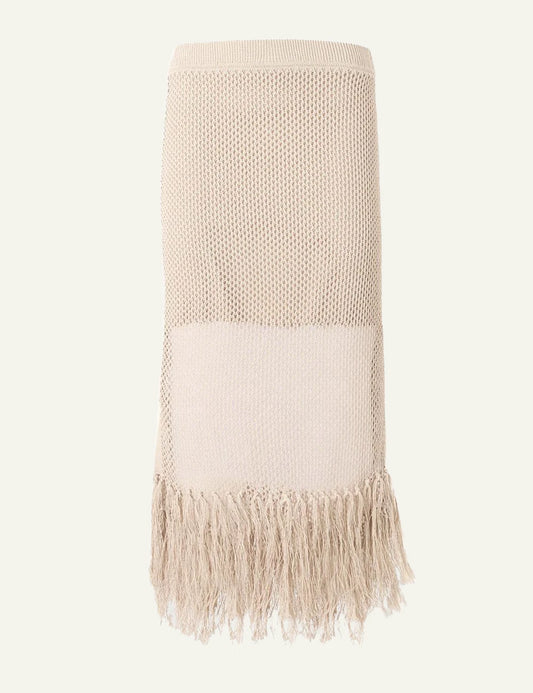 Karl Lagerfeld crochet skirt midi beige fringe detail front flat view