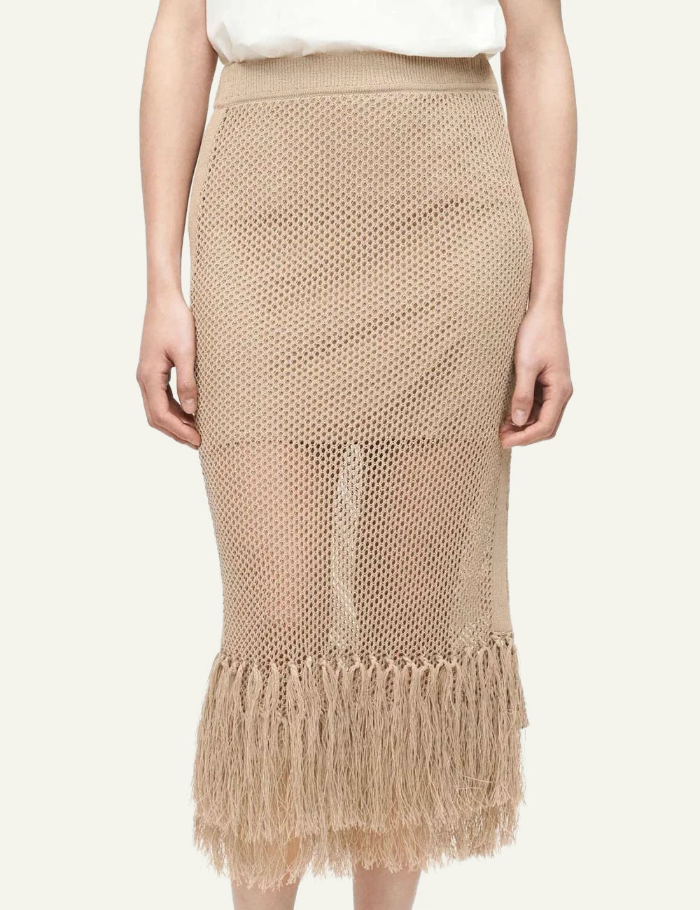 Karl Lagerfeld crochet skirt midi beige fringe detail front model view