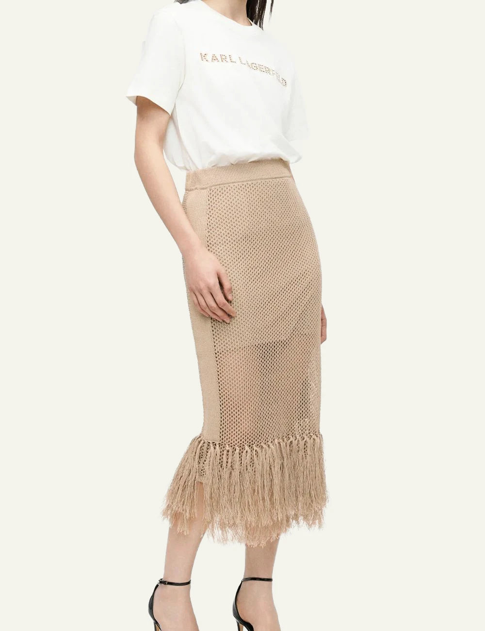 Karl Lagerfeld crochet skirt midi beige fringe detail front full body view