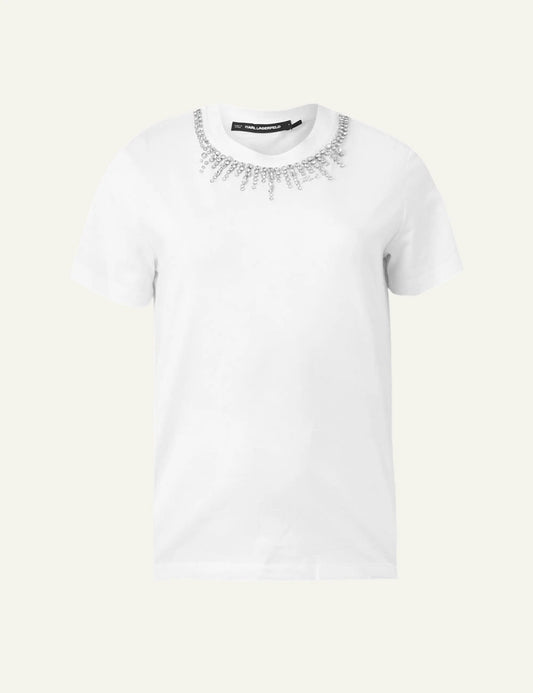 Karl Lagerfeld embellishment t shirt white crystal neckline front