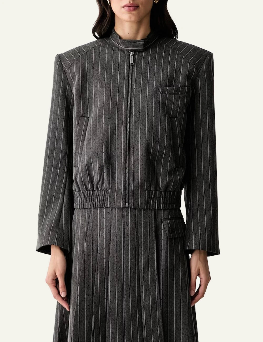 Karl Lagerfeld grey pinstripe bomber jacket with black rhinestones