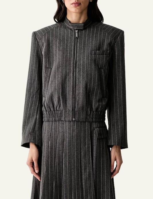 Karl Lagerfeld grey pinstripe bomber jacket with black rhinestones