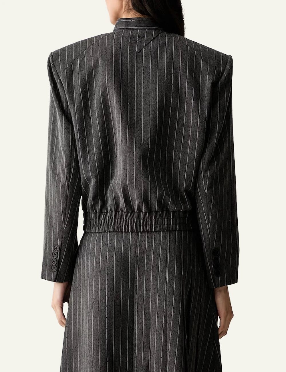 Karl Lagerfeld grey pinstripe bomber jacket with black rhinestones back