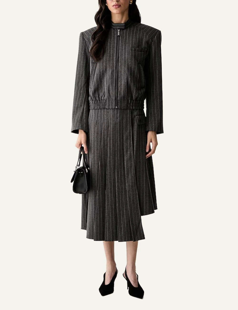 Karl Lagerfeld grey pinstripe bomber jacket with black rhinestones full body