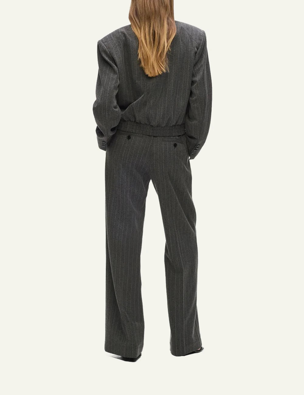 Karl Lagerfeld grey pinstripe straight leg trousers with black rhinestones back