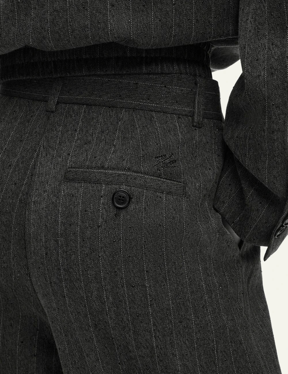 Karl Lagerfeld grey pinstripe straight leg trousers with black rhinestones back detail
