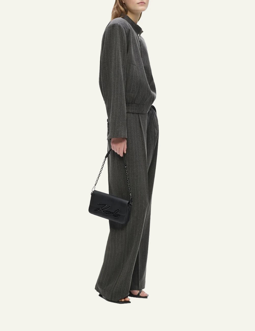 Karl Lagerfeld grey pinstripe straight leg trousers with black rhinestones side