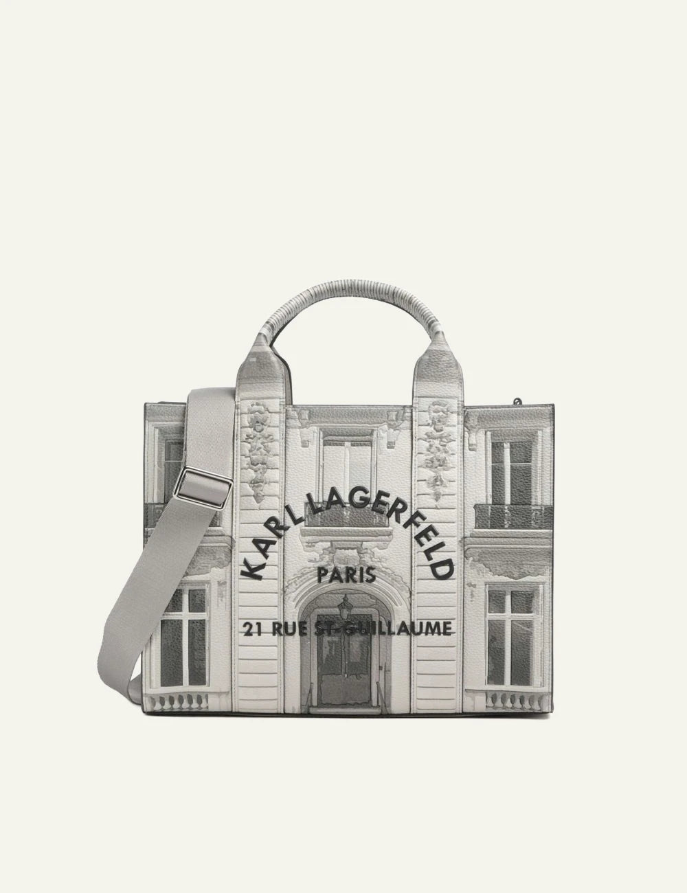 Karl Lagerfeld large tote bag in ecru with Rue St-Guillaume building print and shoulder strap