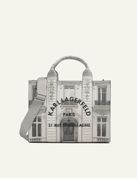 Karl Lagerfeld large tote bag in ecru with Rue St-Guillaume building print and shoulder strap