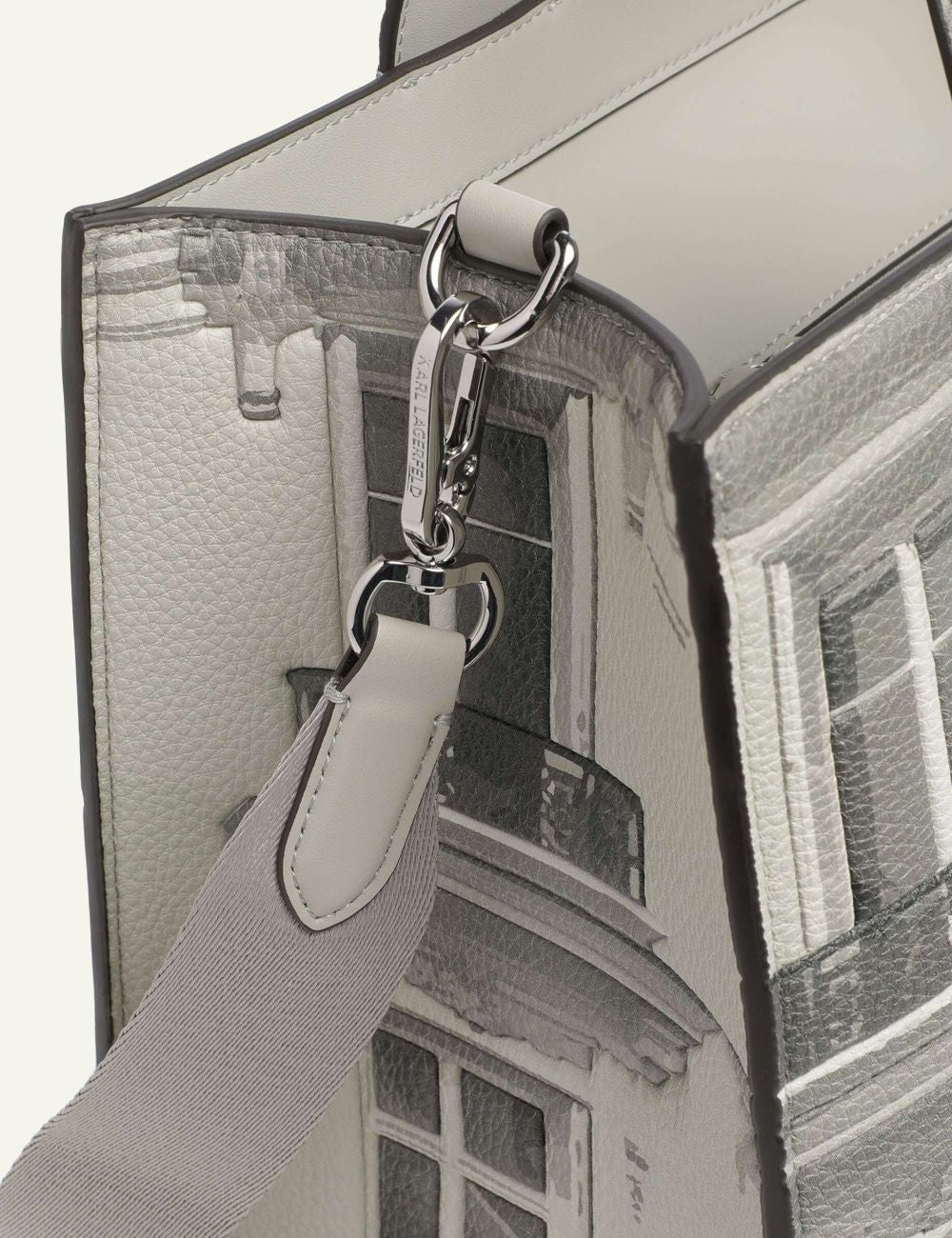 Karl Lagerfeld large tote bag in ecru with Rue St-Guillaume building print and shoulder strap side detail