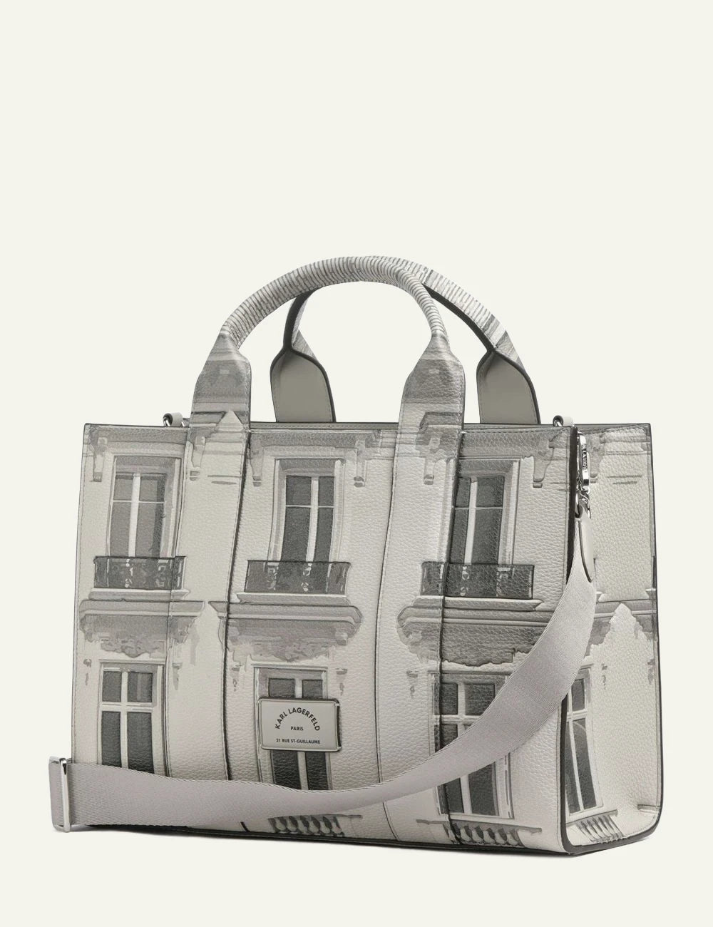 Karl Lagerfeld large tote bag in ecru with Rue St-Guillaume building print and shoulder strap back