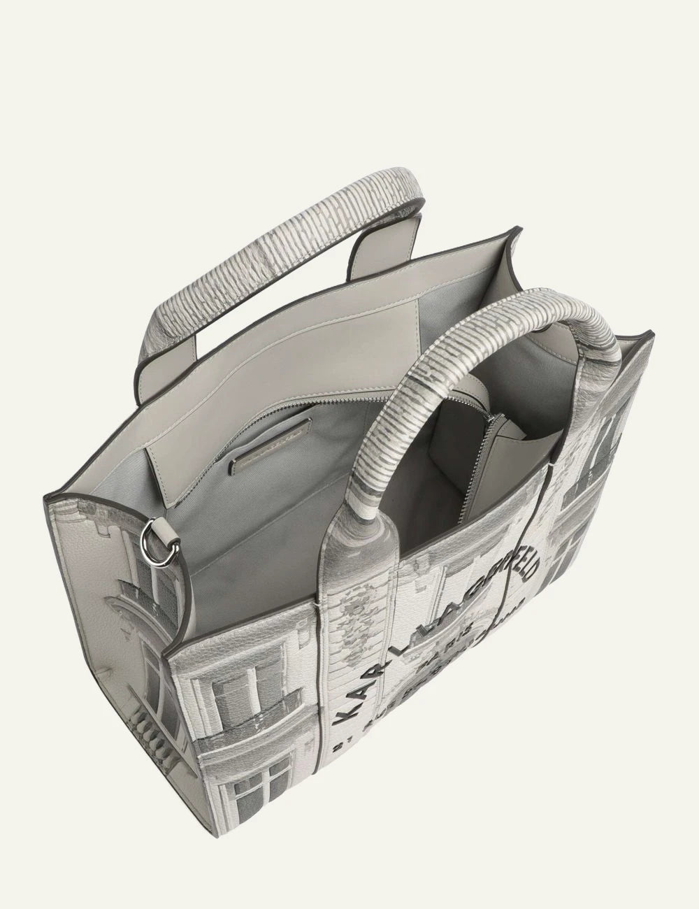 Karl Lagerfeld large tote bag in ecru with Rue St-Guillaume building print and shoulder strap top