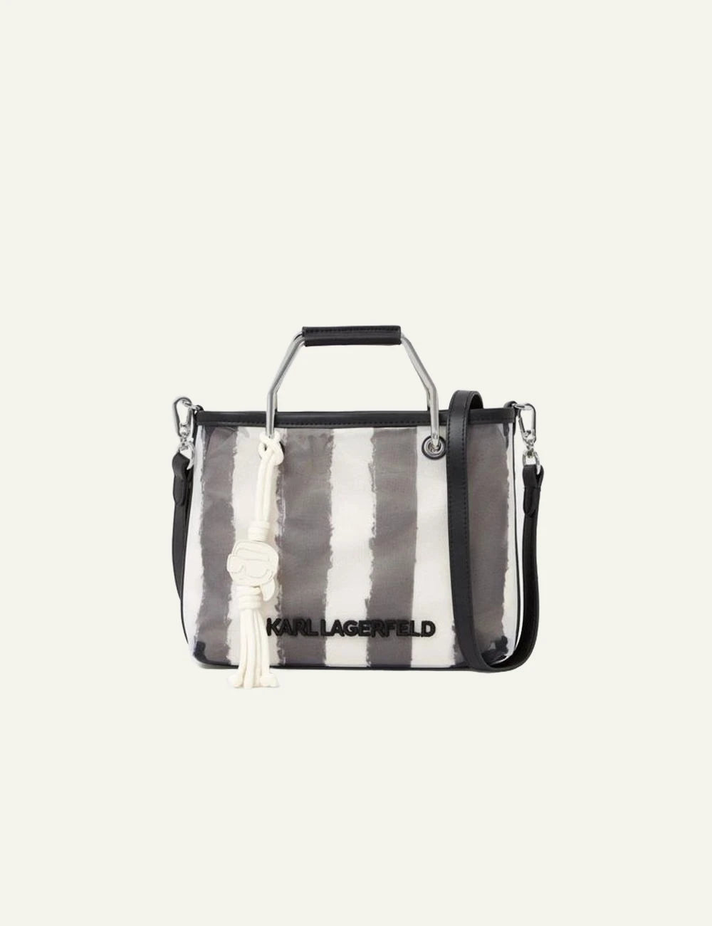 Karl Lagerfeld mesh tote bag striped grey white metal handles crossbody front view