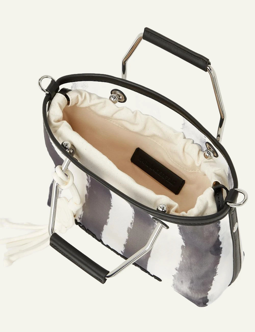 Karl Lagerfeld mesh tote bag striped grey white metal handles crossbody top view