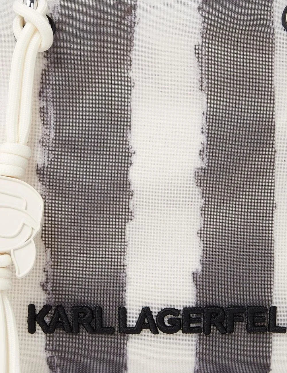 Karl Lagerfeld mesh tote bag striped grey white metal handles crossbody front detail view