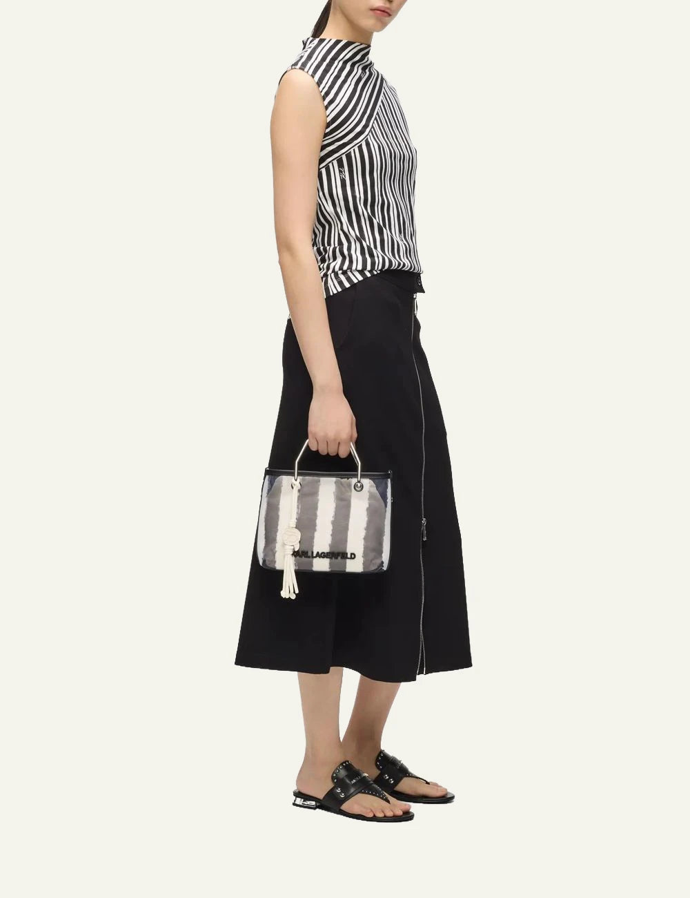 Karl Lagerfeld mesh tote bag striped grey white metal handles crossbody front model view