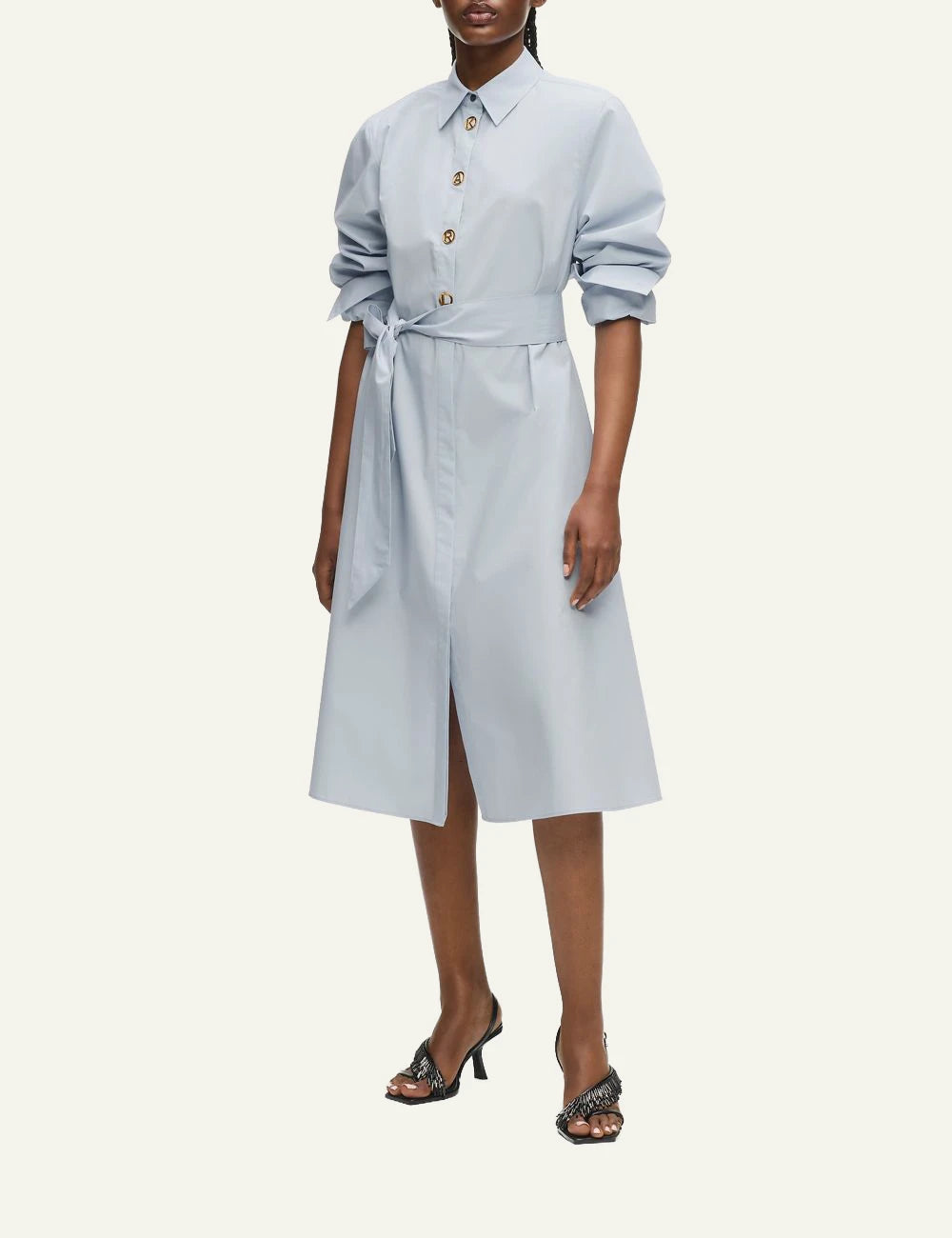 Karl Lagerfeld midi shirt dress kentucky blue me gold snap buttons &a belt front model view