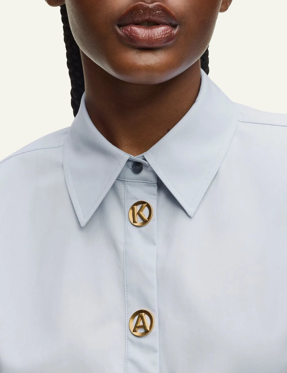 Karl Lagerfeld midi shirt dress kentucky blue me gold snap buttons & belt detail view