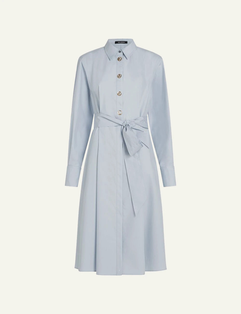 Karl Lagerfeld midi shirt dress kentucky blue me gold snap buttons & belt front flat view