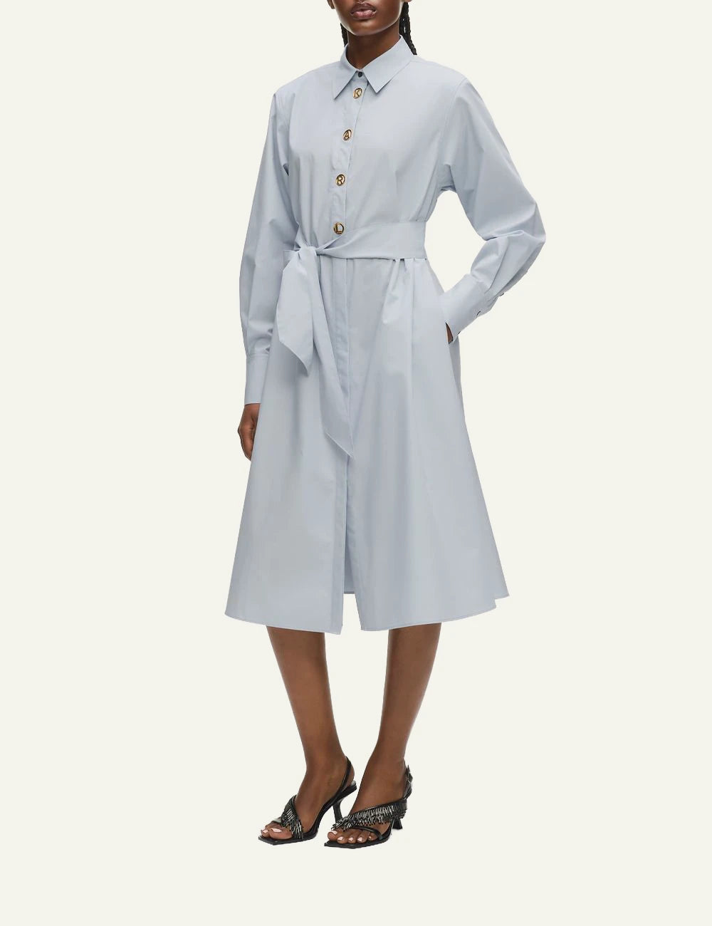 Karl Lagerfeld midi shirt dress kentucky blue me gold snap buttons & belt front full body view