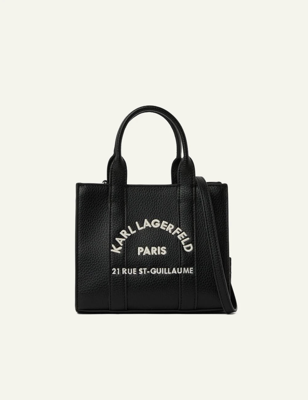 Karl Lagerfeld mini black faux leather tote bag with Rue St-Guillaume embroidered logo