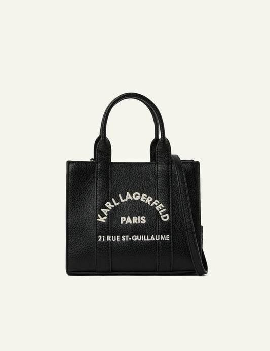 Karl Lagerfeld mini black faux leather tote bag with Rue St-Guillaume embroidered logo