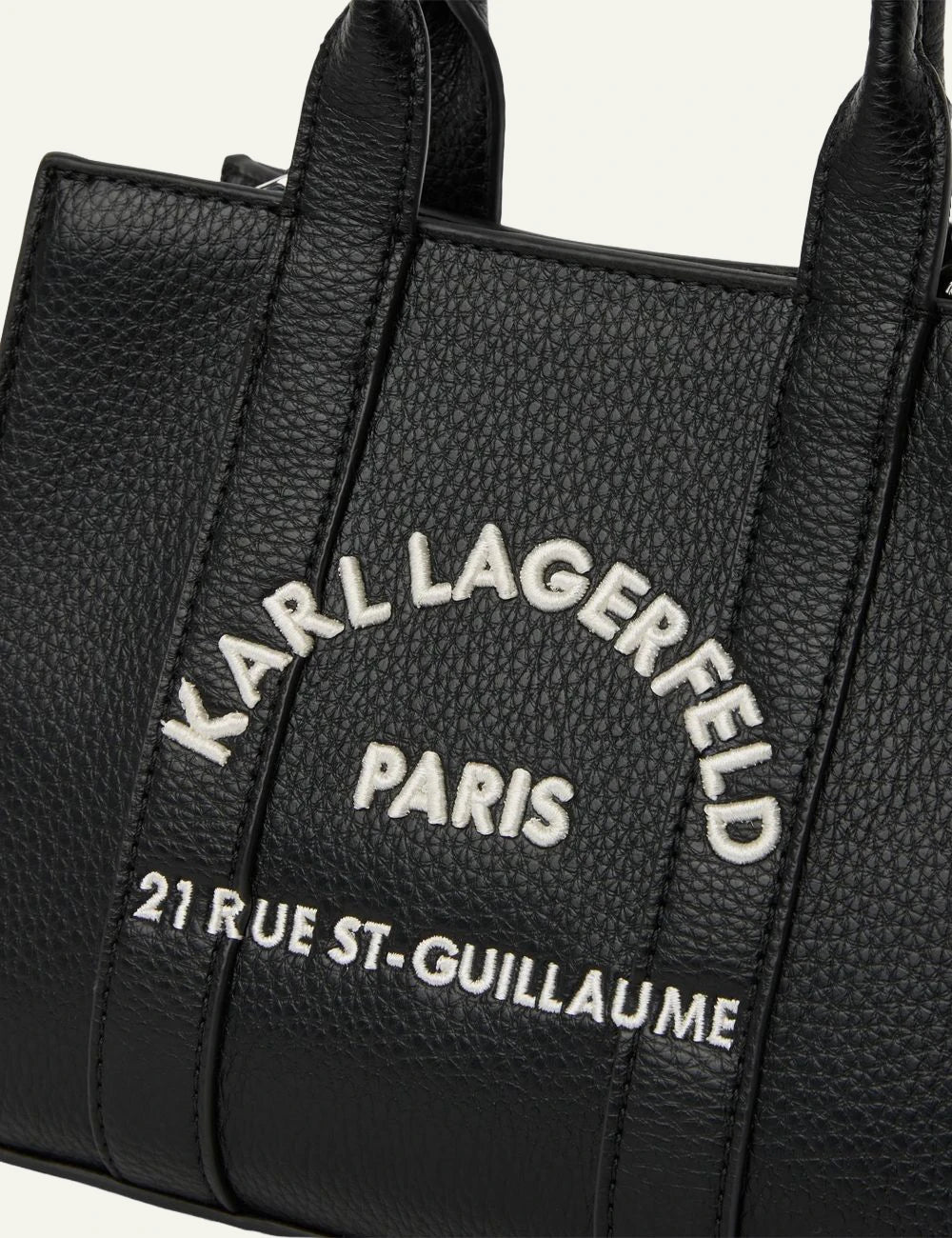 Karl Lagerfeld mini black faux leather tote bag with Rue St-Guillaume embroidered logo detail