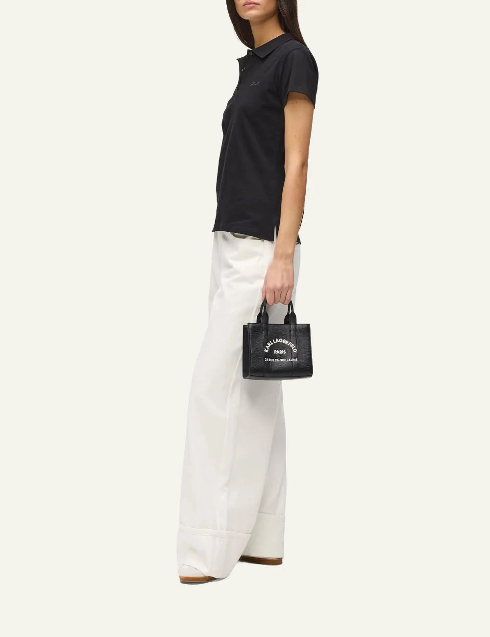 Karl Lagerfeld mini black faux leather tote bag with Rue St-Guillaume embroidered logo model