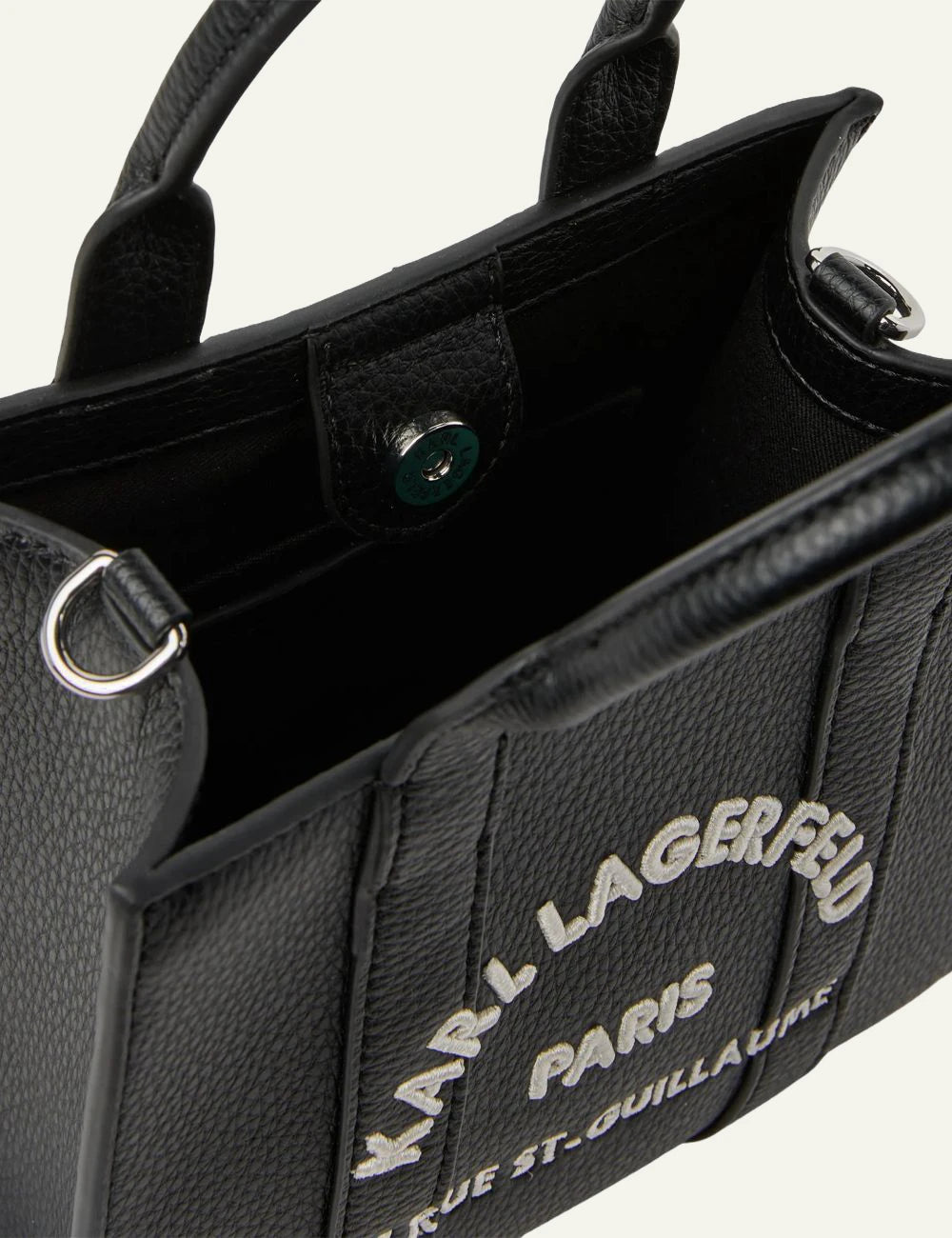 Karl Lagerfeld mini black faux leather tote bag with Rue St-Guillaume embroidered logo top
