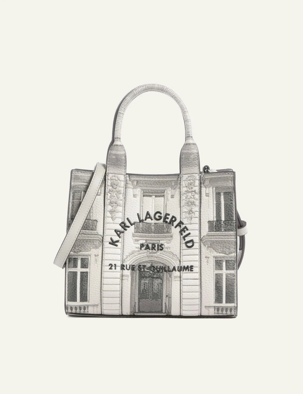 Karl Lagerfeld mini tote bag in ecru with Rue St-Guillaume building print and shoulder strap