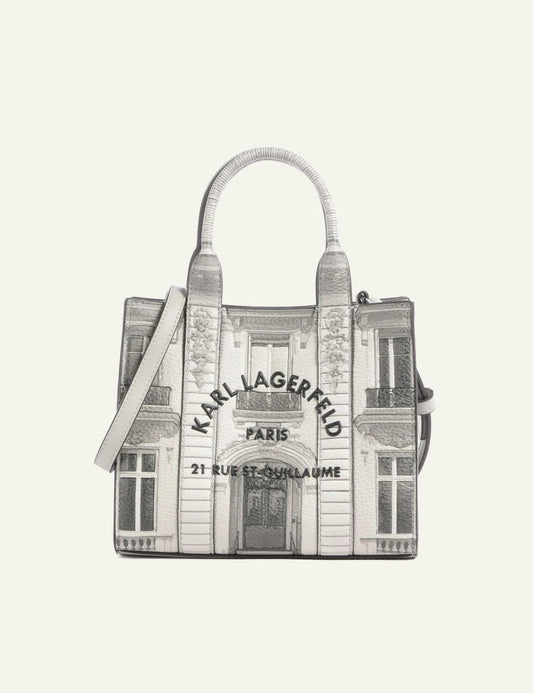 Karl Lagerfeld mini tote bag in ecru with Rue St-Guillaume building print and shoulder strap
