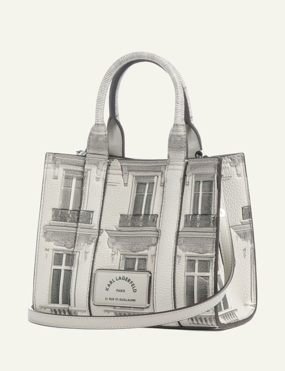 Karl Lagerfeld mini tote bag in ecru with Rue St-Guillaume building print and shoulder strap back