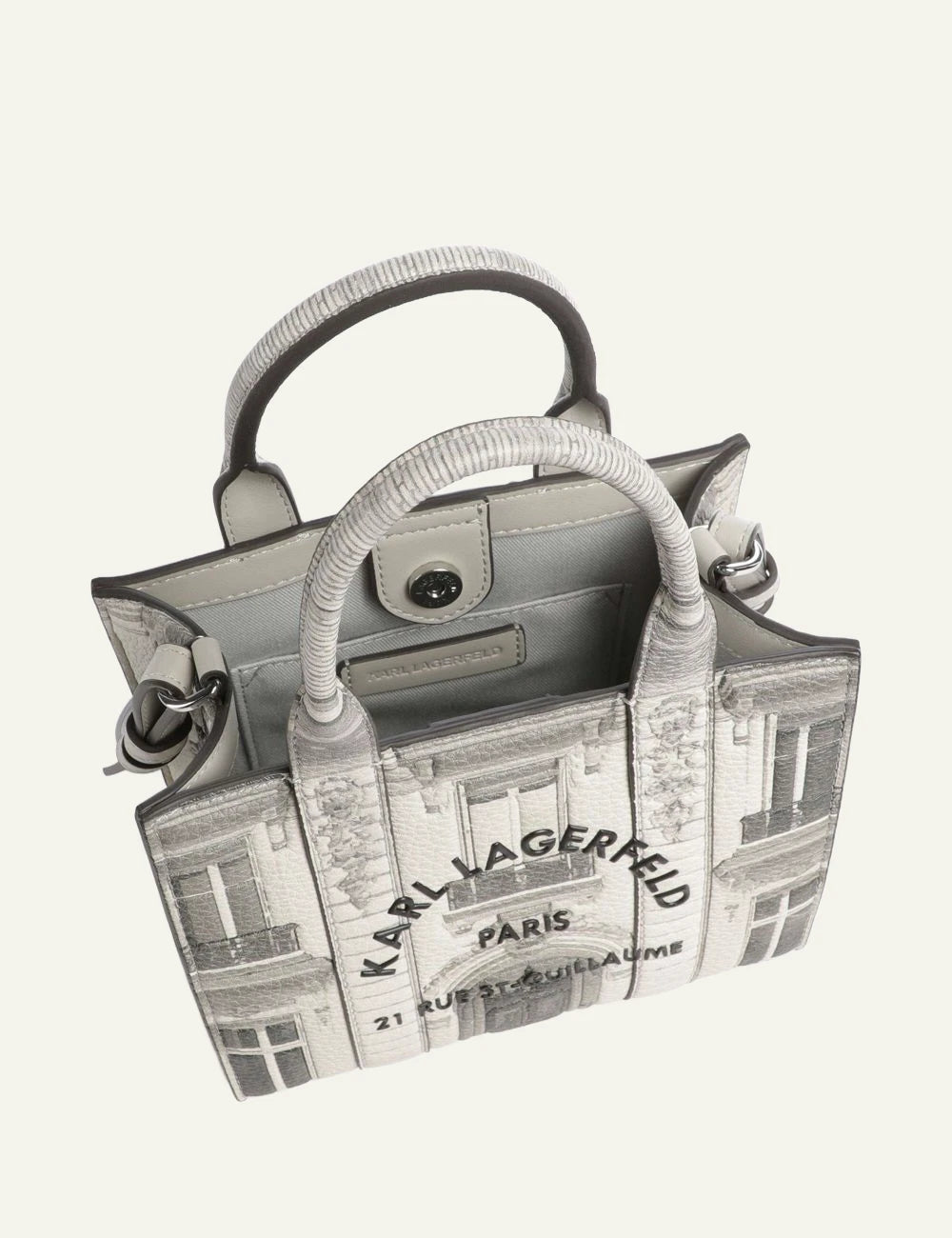 Karl Lagerfeld mini tote bag in ecru with Rue St-Guillaume building print and shoulder strap top