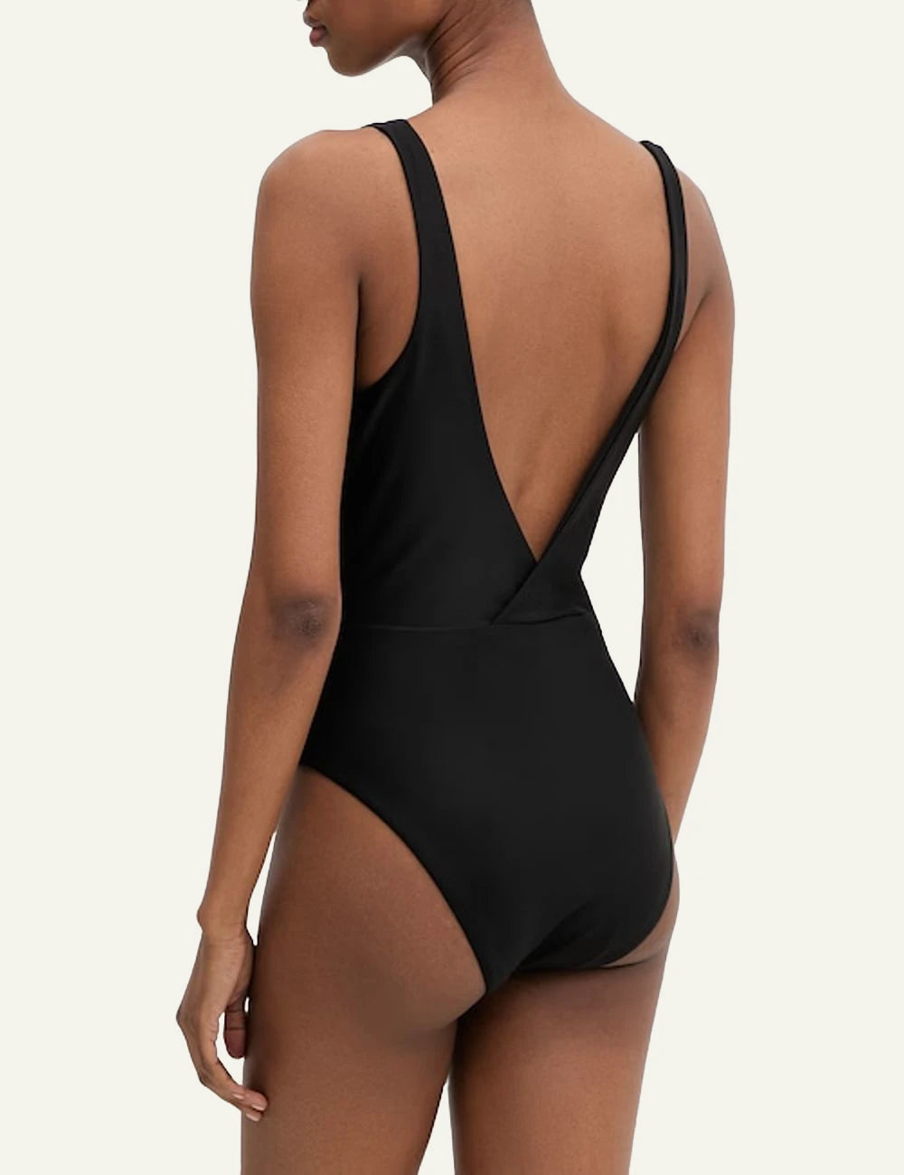 Karl Lagerfeld monokini black deep v neckline chain detail one piece back model view