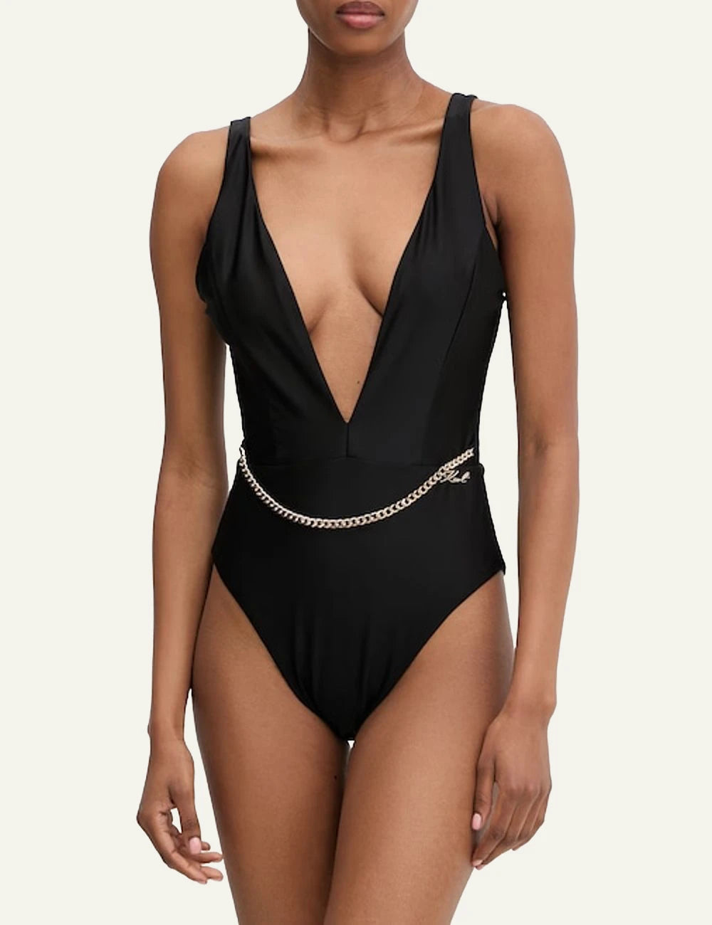 Karl Lagerfeld monokini black deep v neckline chain detail one piece front model view