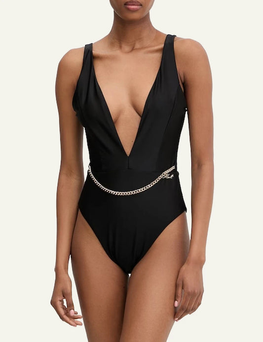 Karl Lagerfeld monokini black deep v neckline chain detail one piece front model view