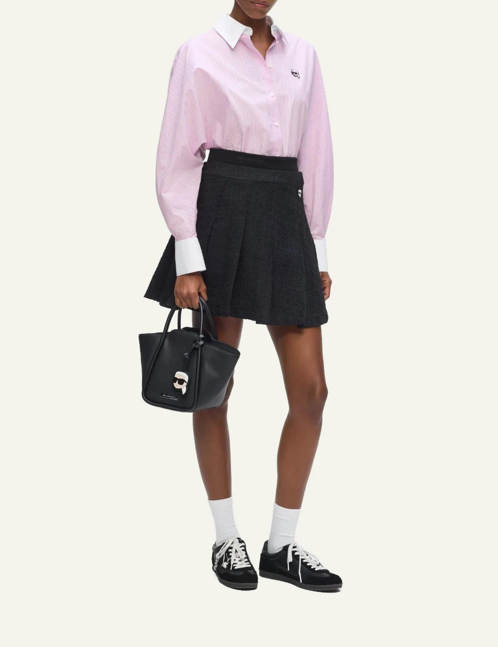 Karl Lagerfeld pink striped cotton shirt with white collar and Ikon Karl embroidery full body