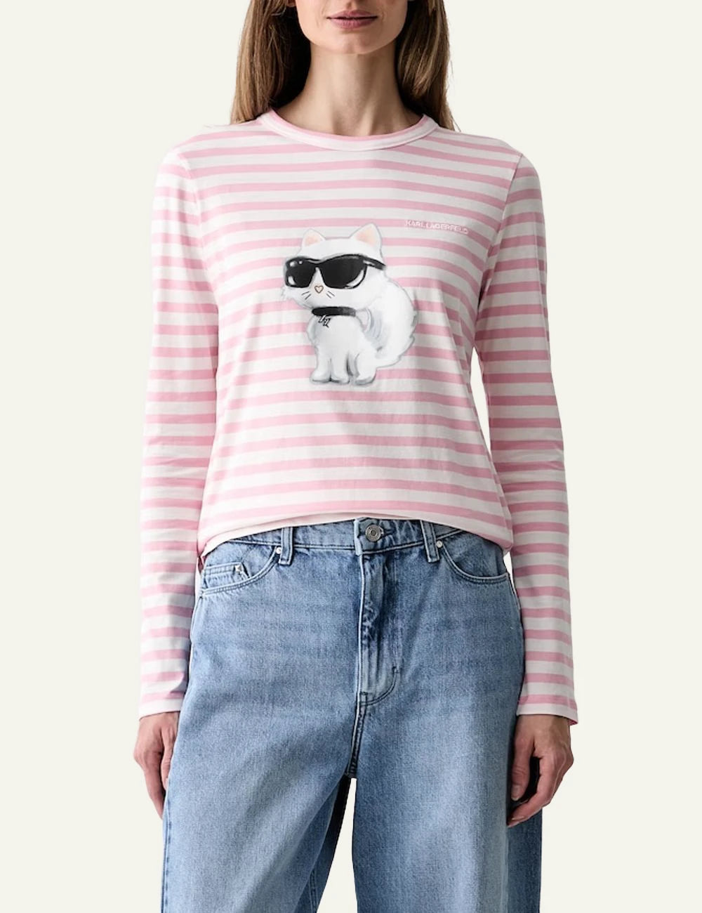 Karl Lagerfeld pink and white striped long sleeve top with Ikonik Choupette print model