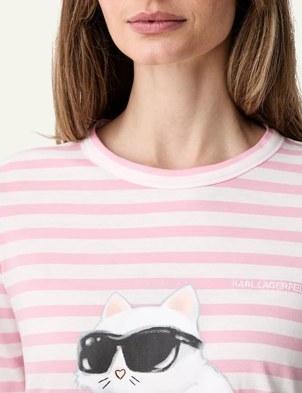 Karl Lagerfeld pink and white striped long sleeve top with Ikonik Choupette print detail