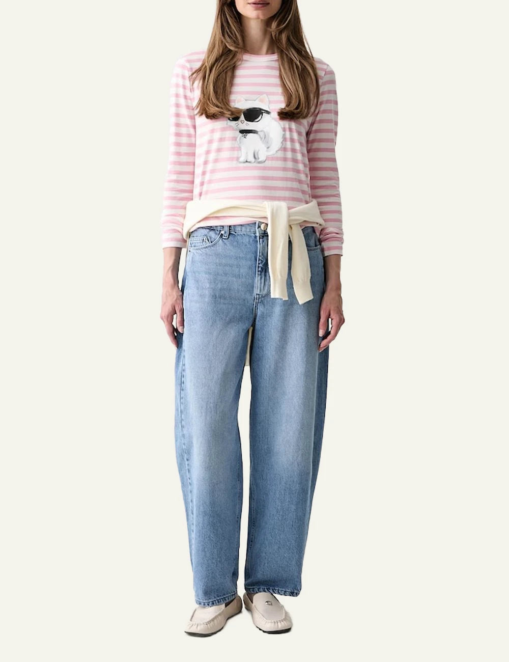 Karl Lagerfeld pink and white striped long sleeve top with Ikonik Choupette print full body