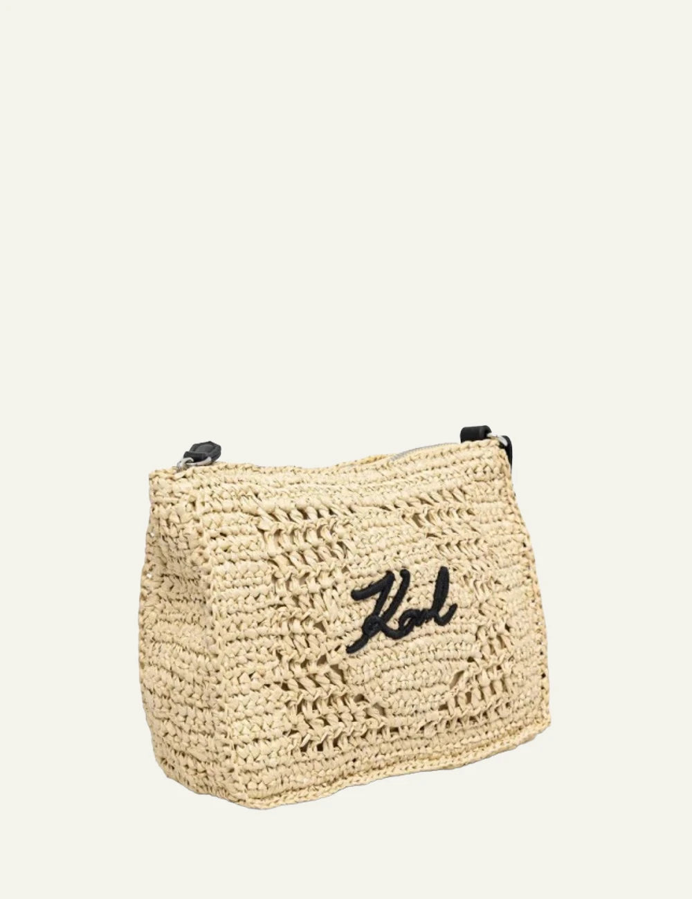 Karl Lagerfeld pouch beige woven clutch Karl logo wrist strap side view