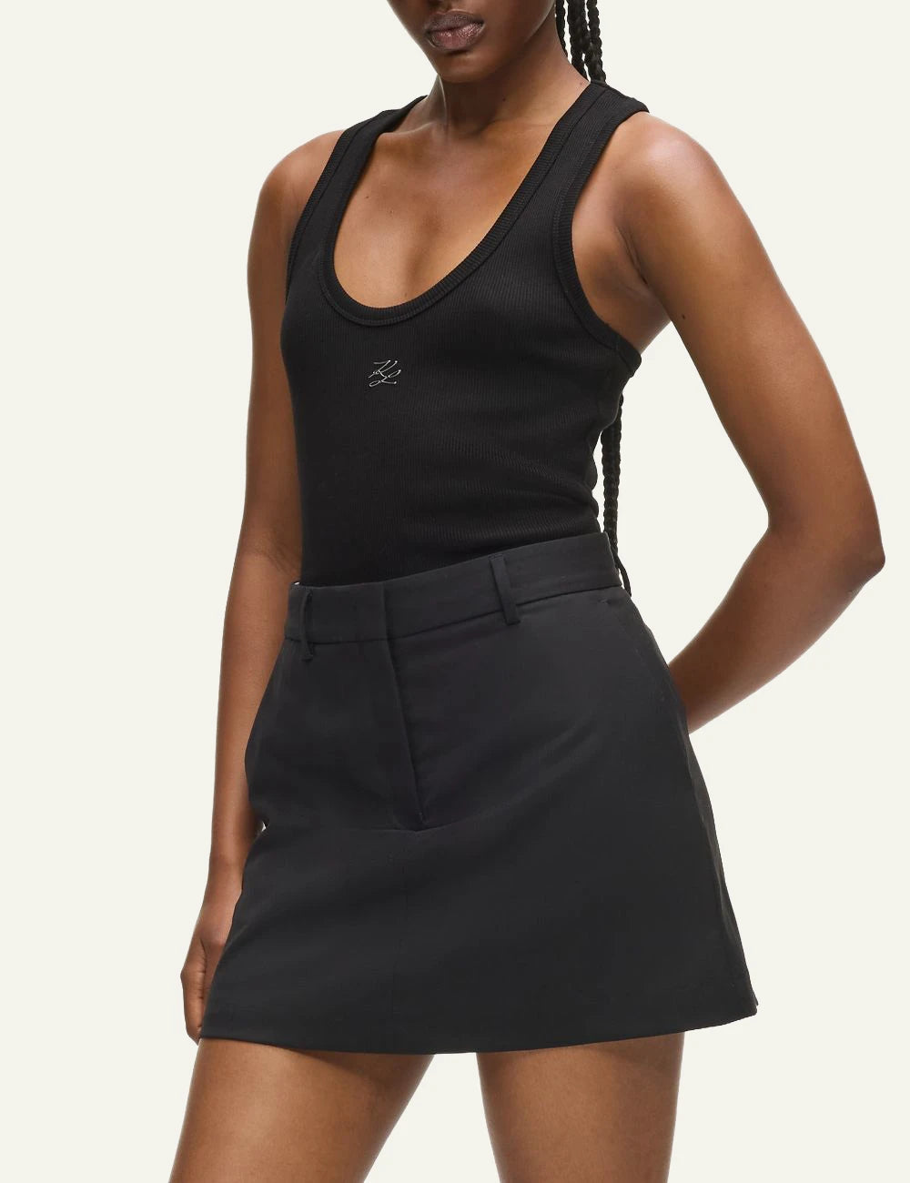 Karl Lagerfeld ribbed tank top black racer back me autograph logo side view