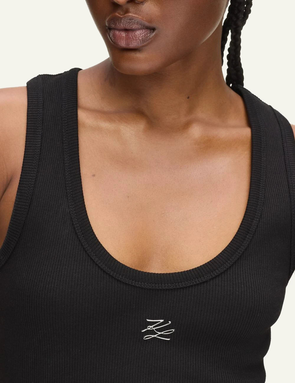 Karl Lagerfeld ribbed tank top black racer back me autograph logo detail view