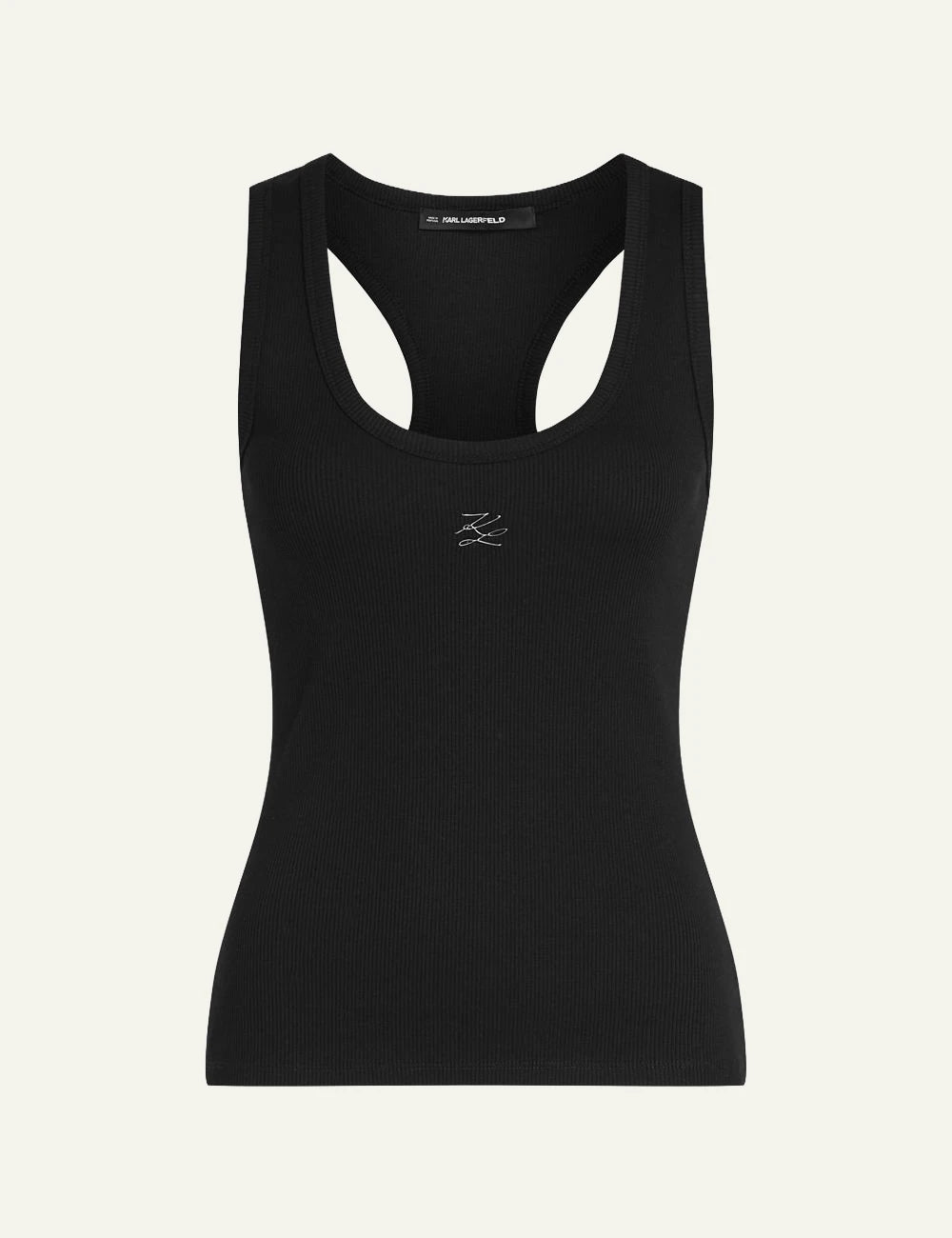 Karl Lagerfeld ribbed tank top black racer back me autograph logo front view