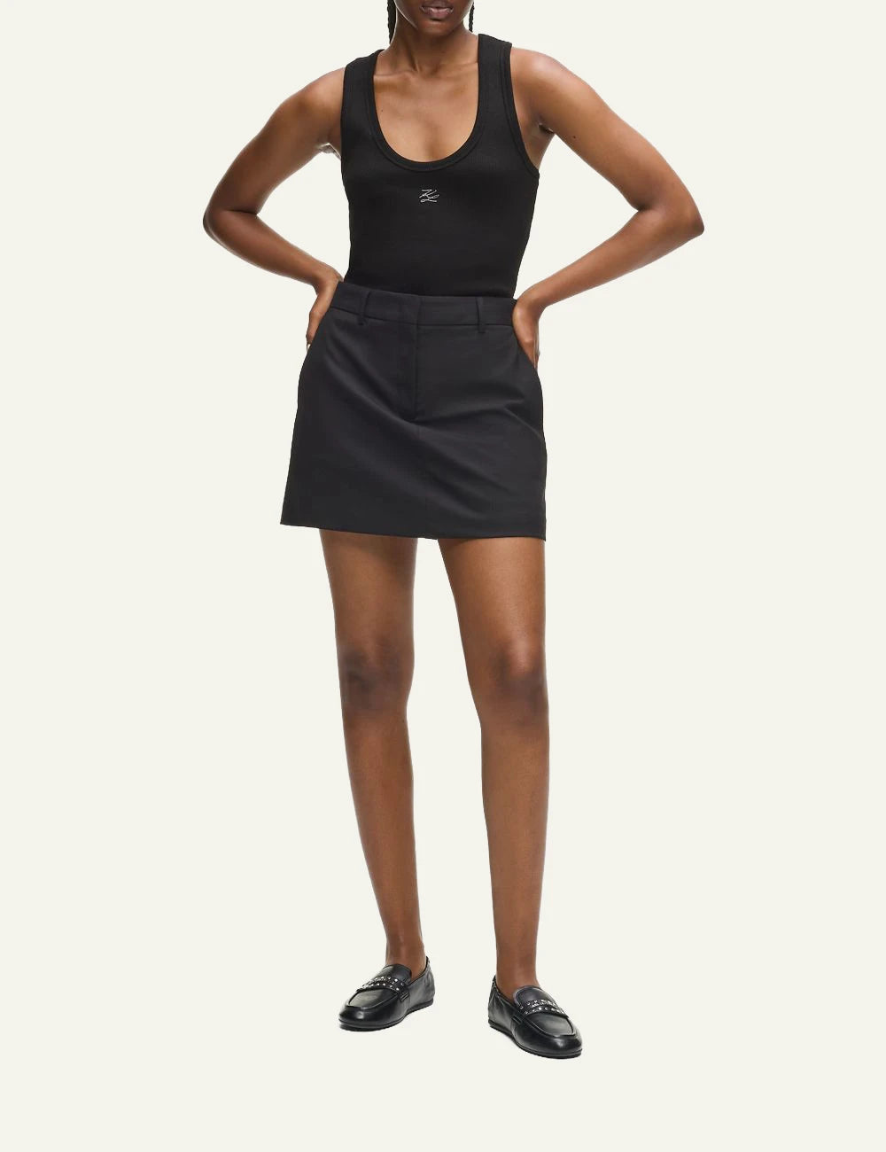 Karl Lagerfeld ribbed tank top black racer back me autograph logo front full body view